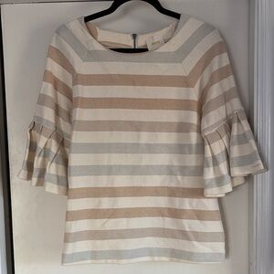 Maeve Beige, Gold & Silver Striped Blouse with Ruffle Sleeves